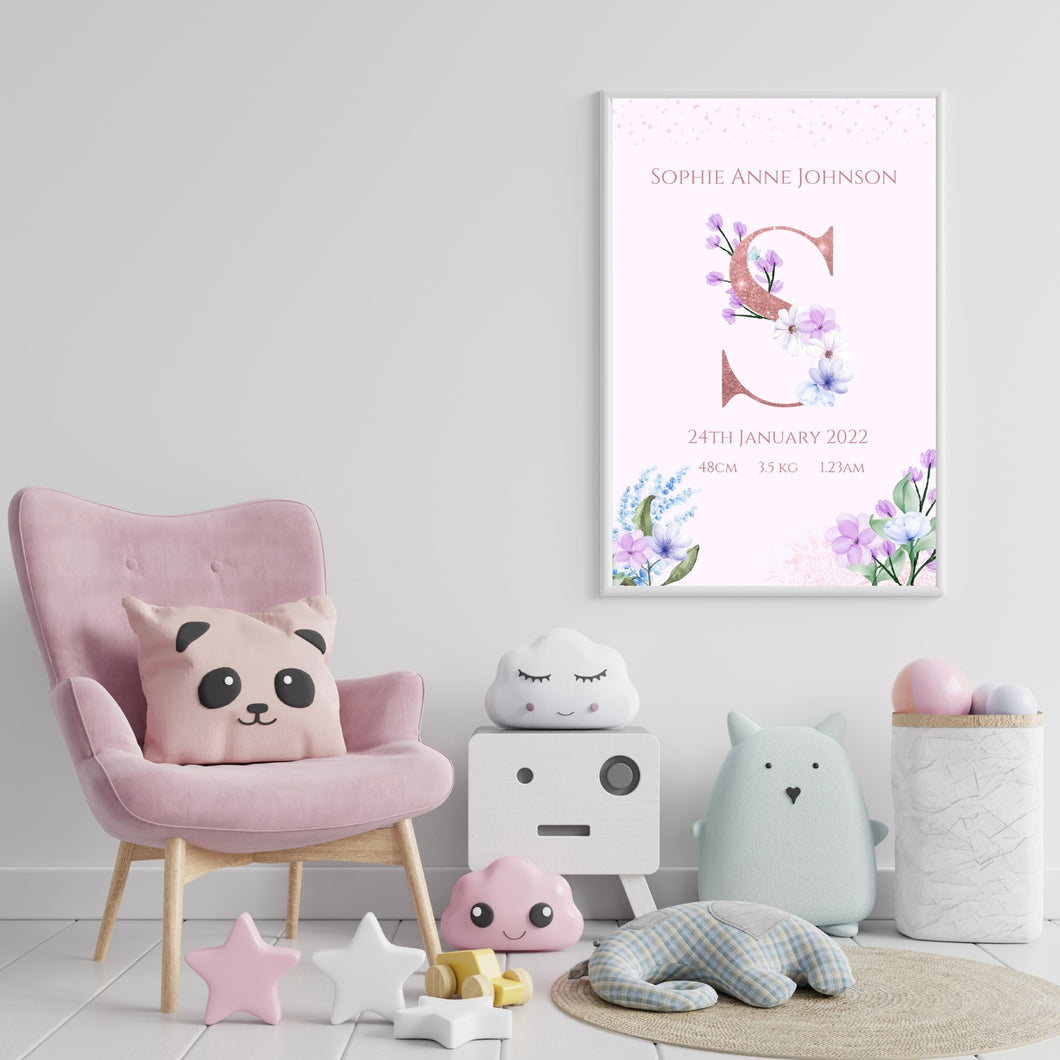 Purple Floral Watercolour Birth Print