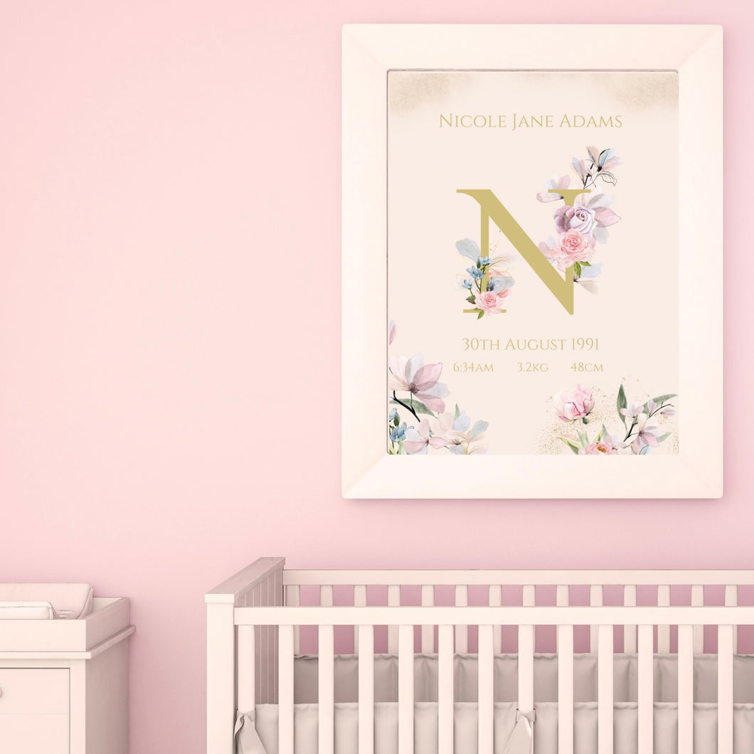 Pink Floral Watercolour Birth Print
