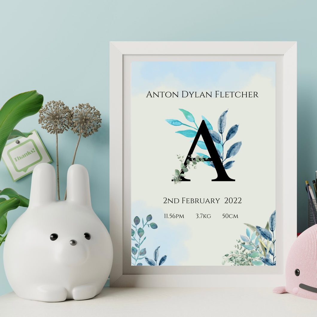 Blue Foliage Watercolour Birth Print